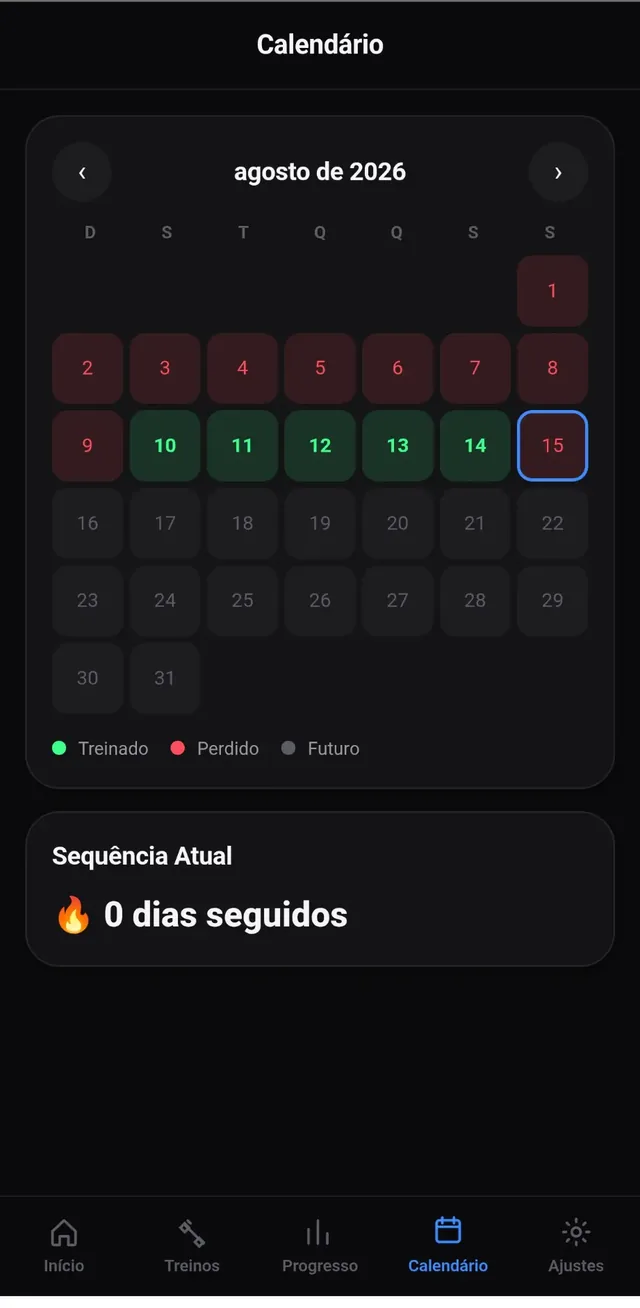 Tela de calendário do GymProAI com histórico de sessões