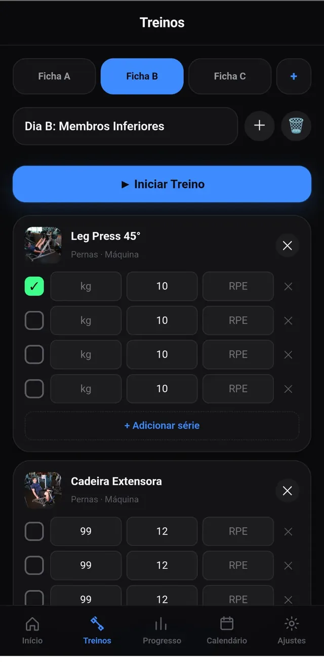 Tela de treinos do GymProAI com exercícios e séries para registrar